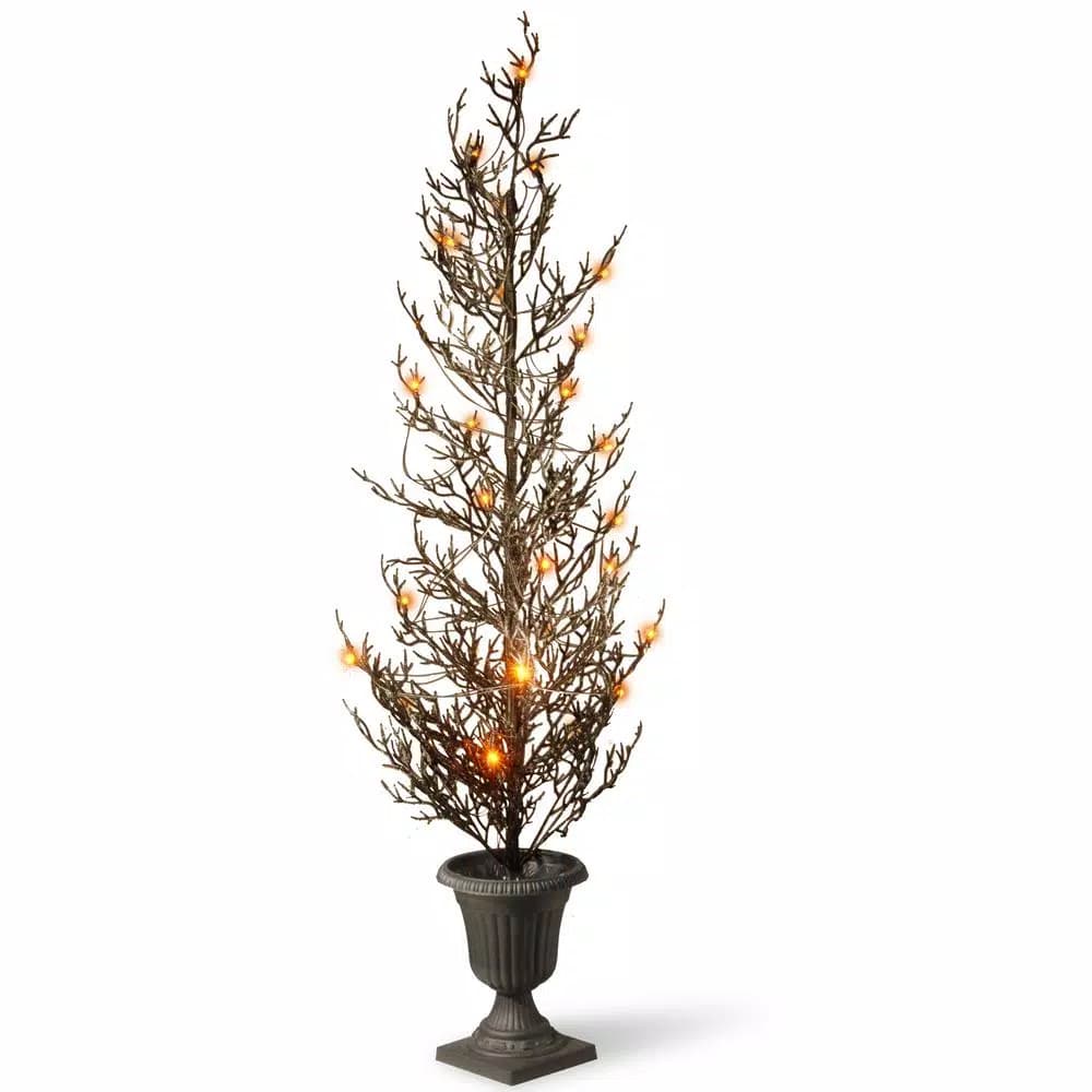 National Tree Company 46 in. Black Glittered Halloween Tree with 25 Orange LED Lights