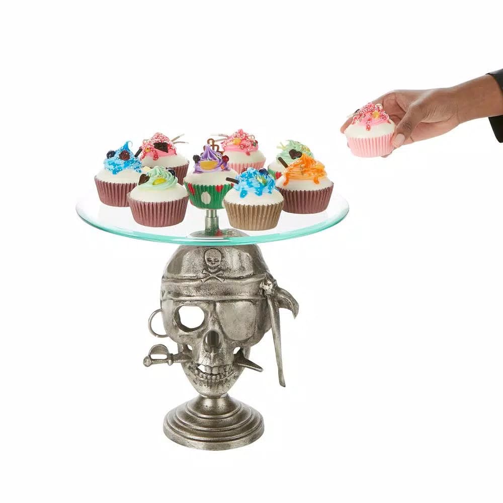 Mind Reader The Mind Reader 12 in. Silver Iron Pirate Head Cake Stand with Glass Top