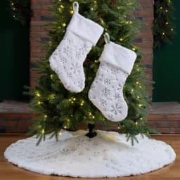 Unbranded 48 in. White Plush Tree Skirt and 2 Stockings Set with Snowflake Embroidery and Beaded Design thumbnail 6