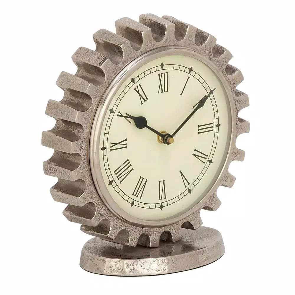 LITTON LANE Vintage Silver Gear Table Clock - Industrial Style Analog Quartz Clock