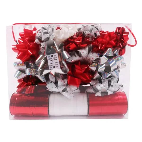 Santaland Designs Plus 36-Piece Metallic Gift Bow and Curling Ribbon Set - Red and Silver