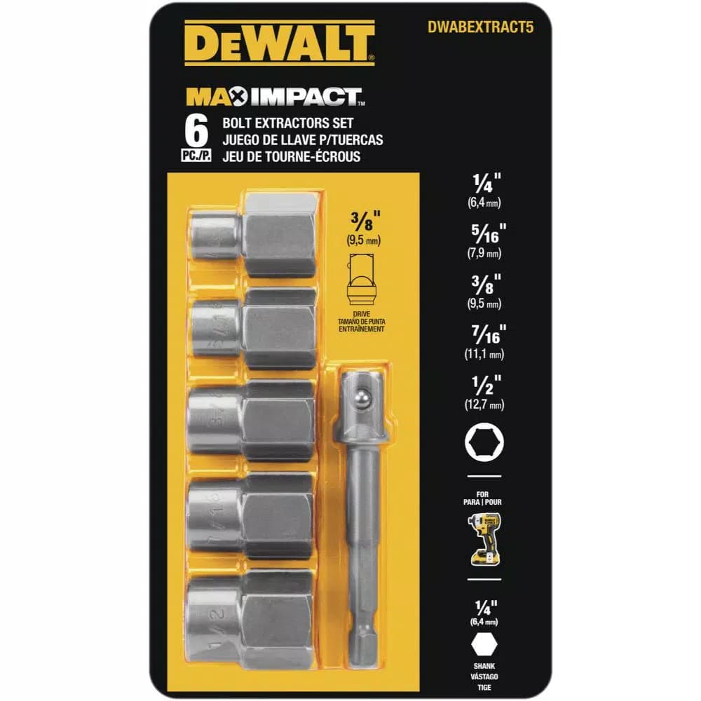 DEWALT MAX IMPACT 5-Piece Bolt Extractor Set with 1/4 in. to 3/8 in. Adapter