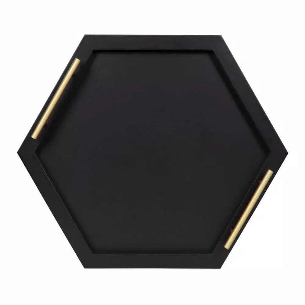 Kate and Laurel Halsey Black Hexagon Decorative Wooden Tray with Gold Metal Handles