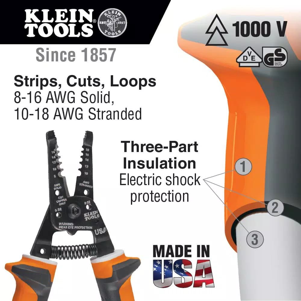 Klein Tools 8 in. Insulated Wire Stripper and Cutter, 1000V VDE Certified