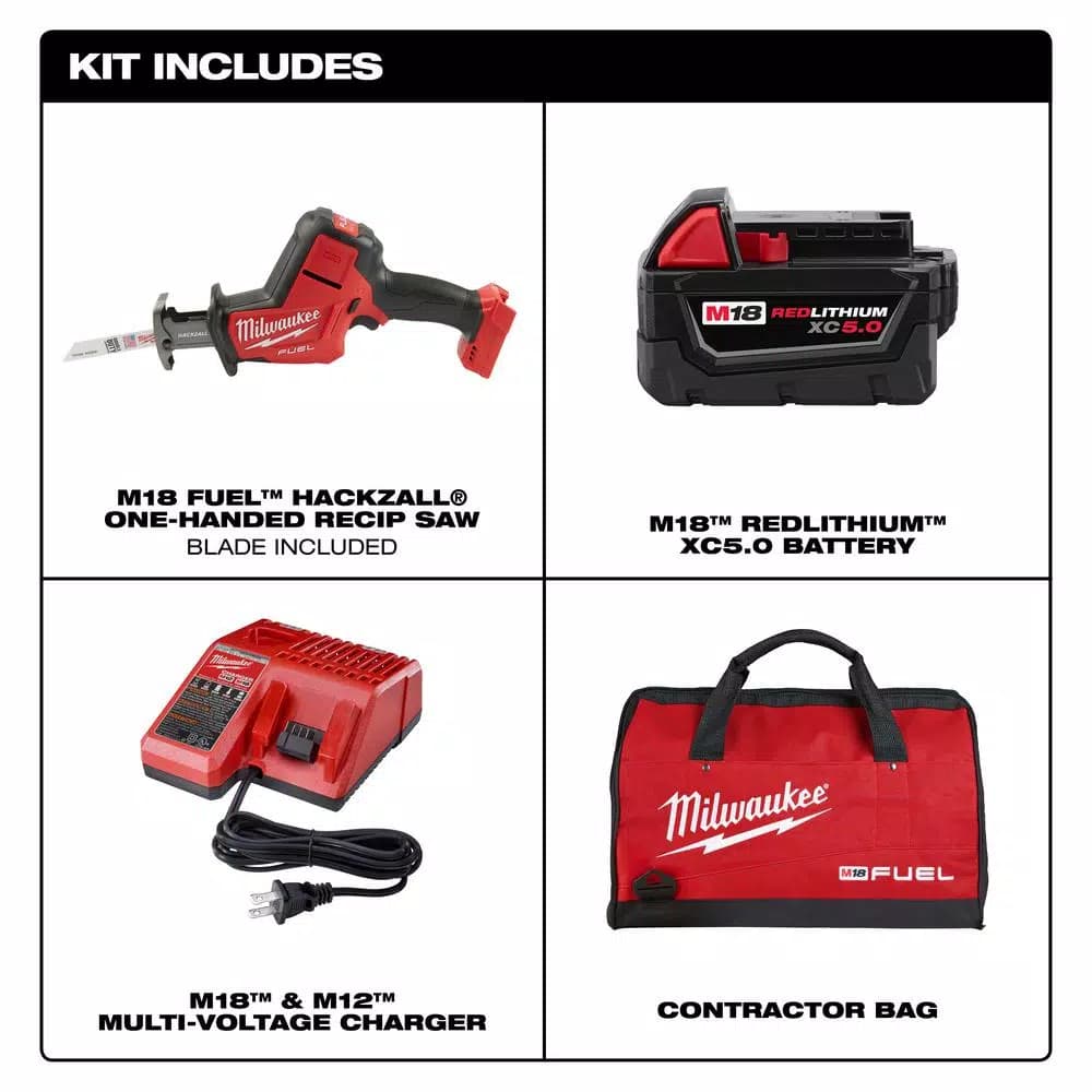 Milwaukee M18 FUEL 18V Brushless Cordless Hackzall Reciprocating Saw Kit with 5.0Ah Battery, Charger & Bag