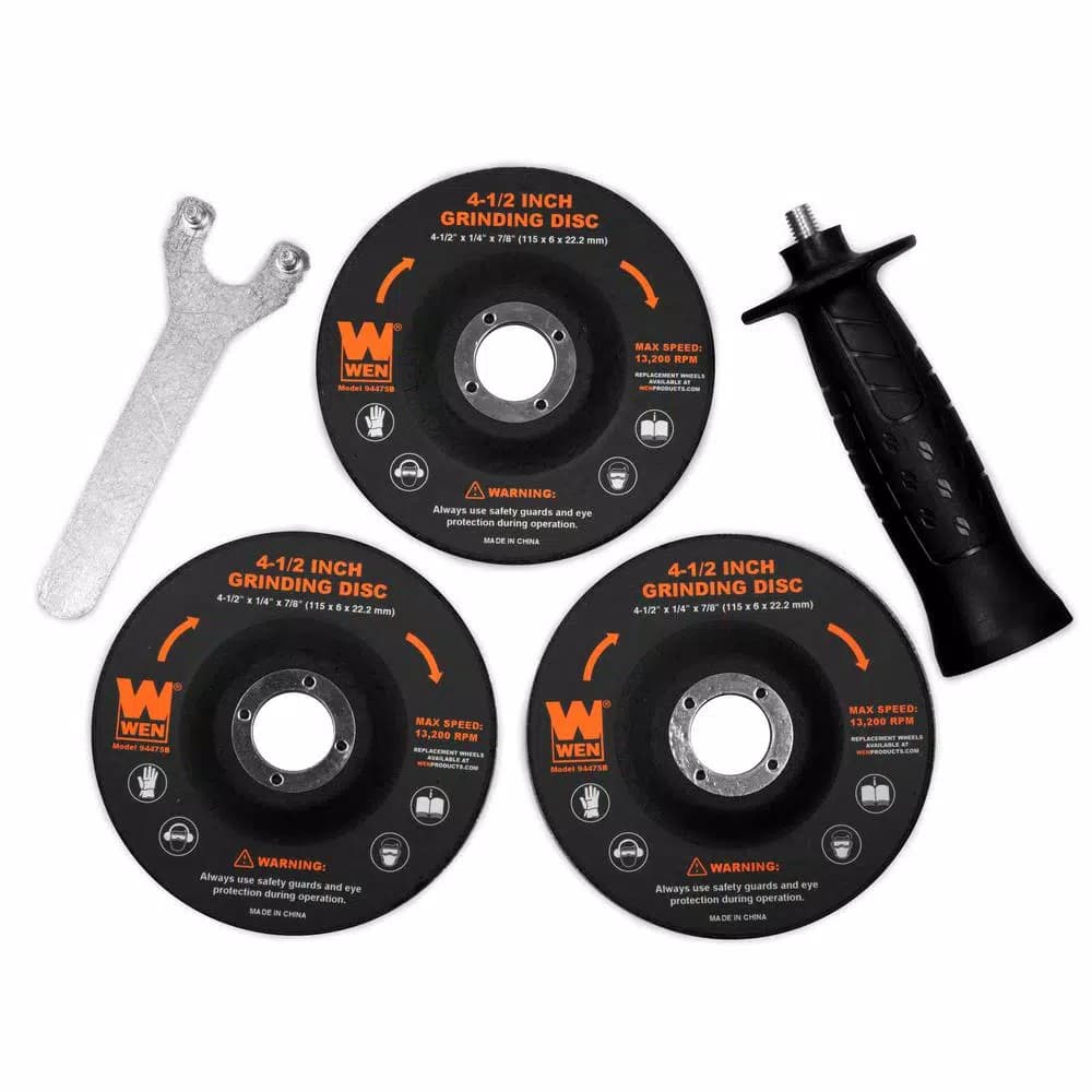 WEN 4.5 in. 7.5 Amp Corded Angle Grinder with Reversible Handle, 3 Discs, and Carrying Case