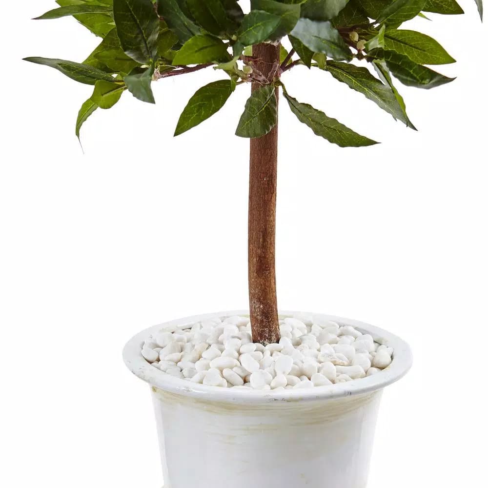 Nearly Natural Indoor Sweet Bay Mini Topiary Artificial Tree in White Grecian Ceramic Urn