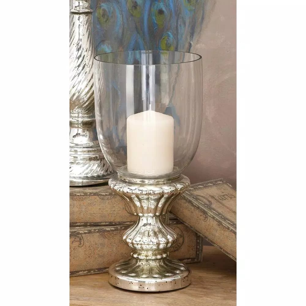 LITTON LANE 14" Tarnished Silver Glass Hurricane Candle Holder - Classic Fluted Pedestal