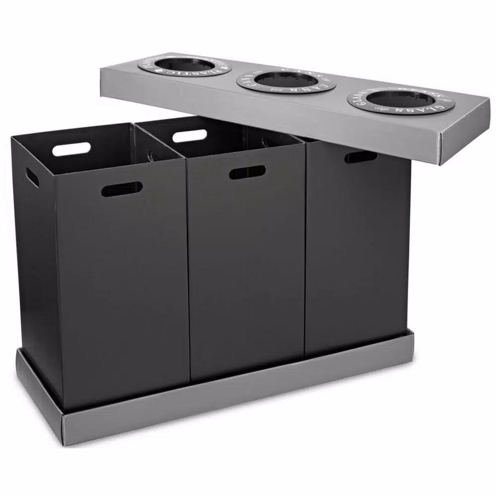 Alpine Industries 28 Gal. Black Corrugated Plastic 3-Compartment Indoor Trash and Recycling Bin