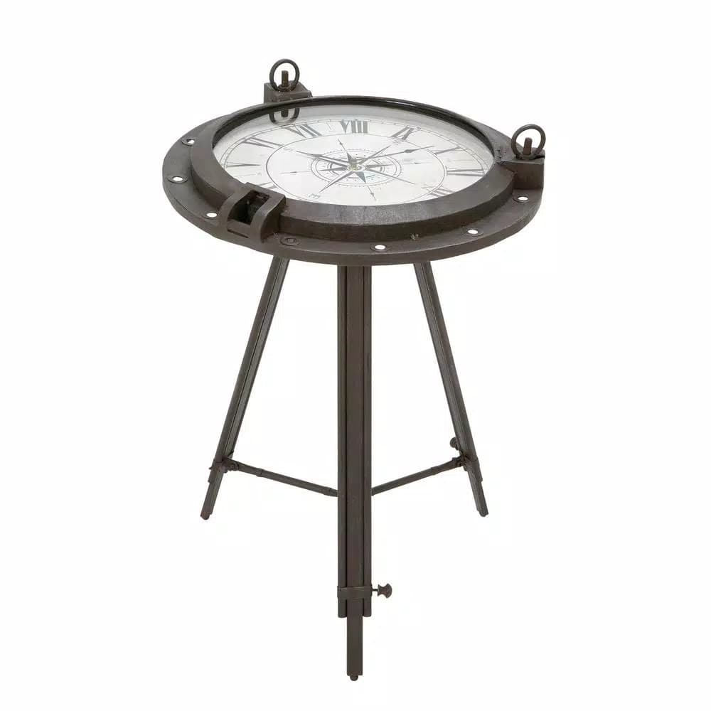 LITTON LANE 24 in. Iron Compass and Porthole Analog Clock Table, Nautical Industrial Decor