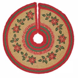 VHC Brands 21 in. Natural Tan Jute Christmas Tree Skirt with Poinsettia and Holly Berry Stencil thumbnail 1