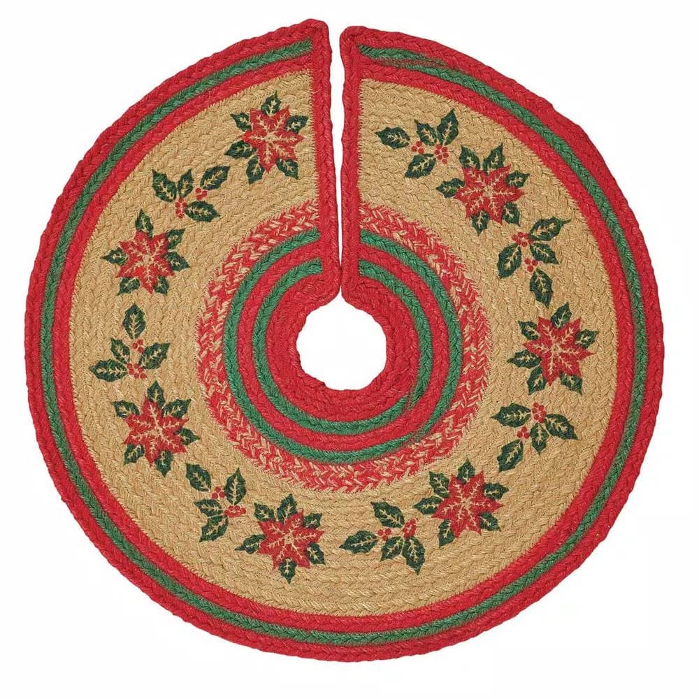 VHC Brands 21 in. Natural Tan Jute Christmas Tree Skirt with Poinsettia and Holly Berry Stencil