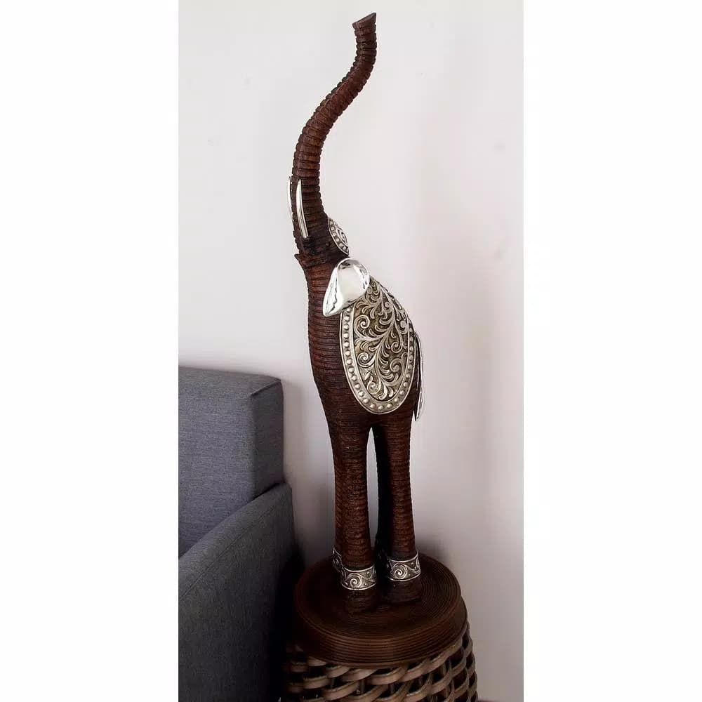 LITTON LANE 38 in. Elephant Decorative Sculpture with Raised Trunk - Brown and Silver Polystone Statuary