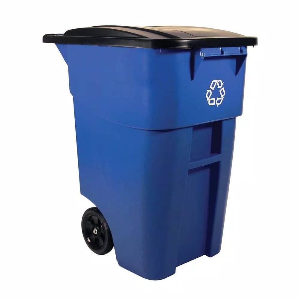 Rubbermaid Commercial Products Rubbermaid Commercial Brute 50 Gallon Blue Rollout Recycling Bin with Hinged Lid