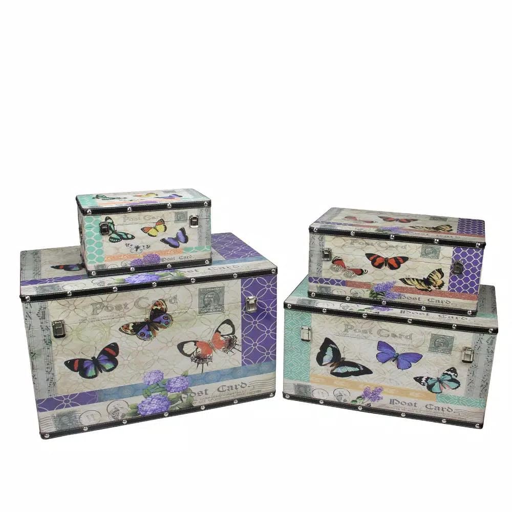 Northlight Set of 4 Wooden Decorative Butterfly & Floral Storage Boxes with Metal Handles