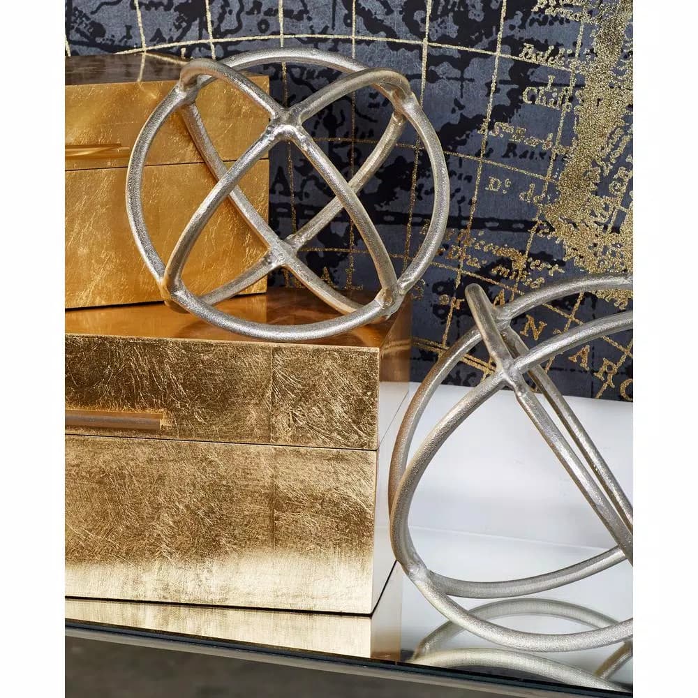 LITTON LANE Silver Nickel Aluminum Ring Decorative Orbs, Set of 2 - Modern Geometric Sculptures
