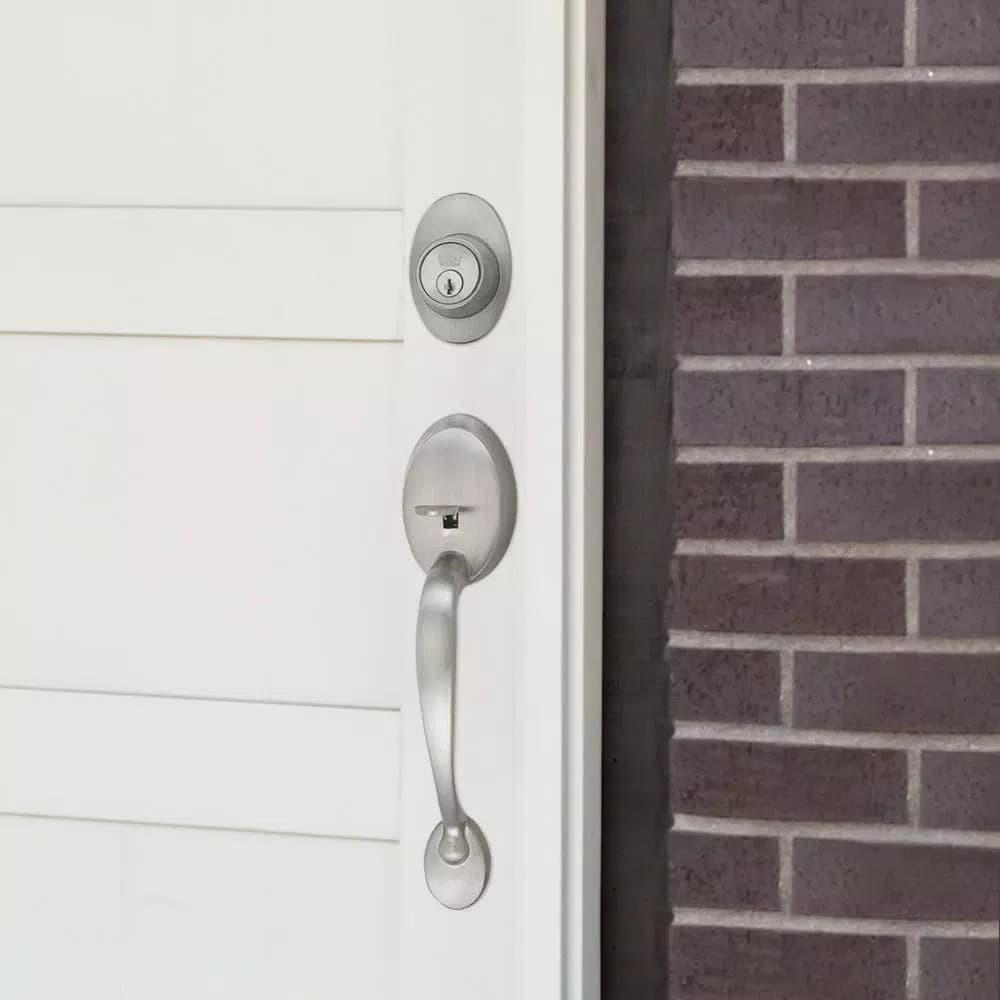 Design House Coventry Satin Nickel Entry Handleset with Springdale Interior Lever and Single Cylinder Deadbolt