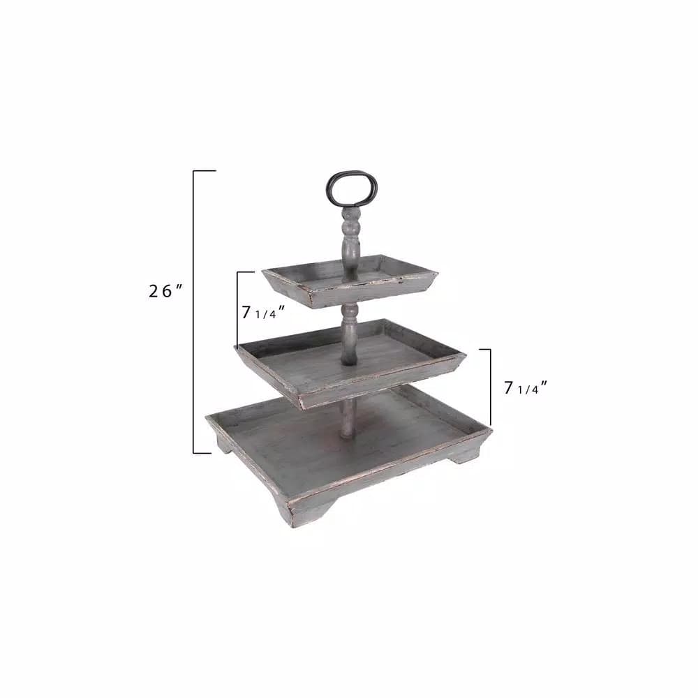 3R Studios Bungalow Lane Grey 3-Tier Decorative Tray with Distressed Wood & Metal Construction