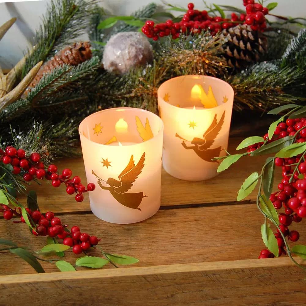 LUMABASE Gold Angels Battery Operated LED Candles with Timer, Frosted Glass and Genuine Wax, 2-Count