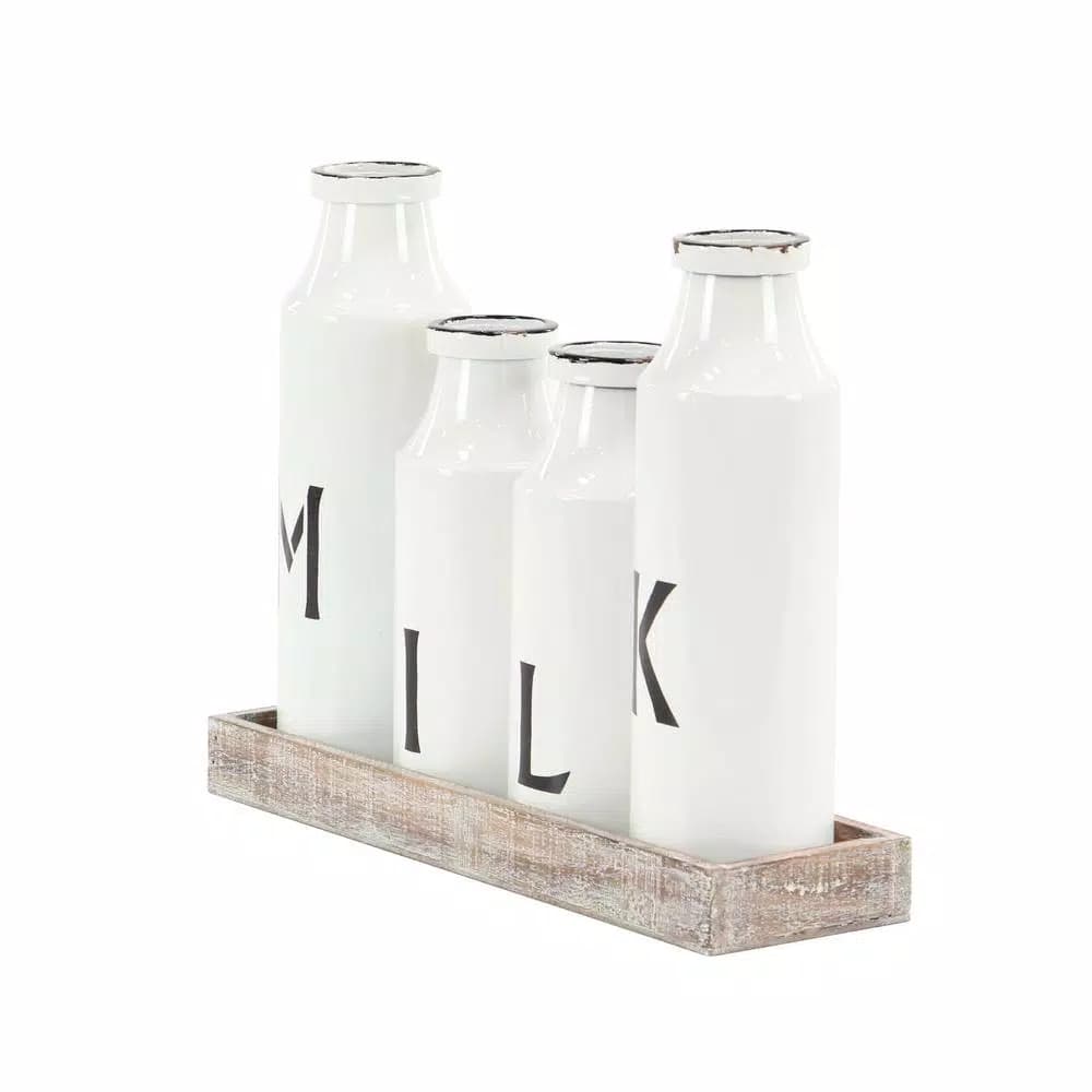 LITTON LANE Rustic Reflections Farmhouse Decorative Wood Tray with 4 Distressed White Milk Bottles