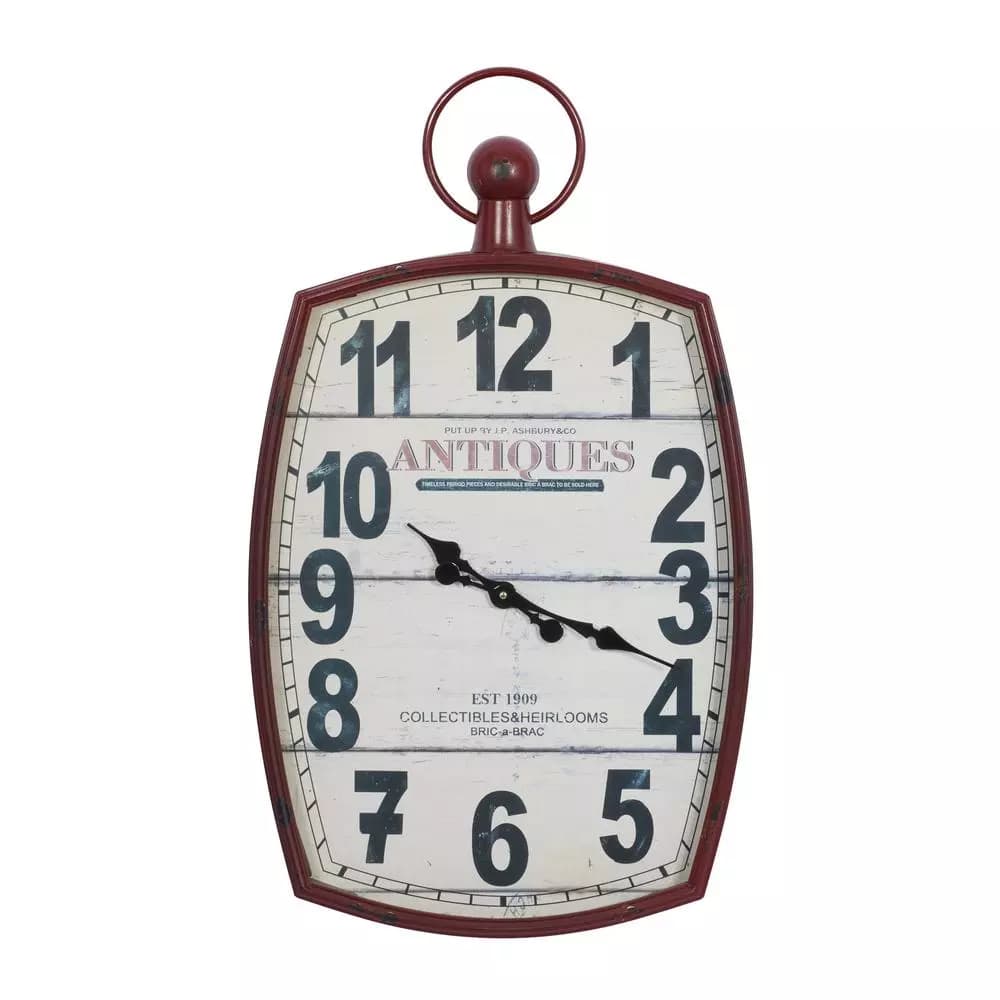 LITTON LANE 33 in. x 19 in. Antique Reproduction Style Wall Clock - Rustic Distressed Red & White