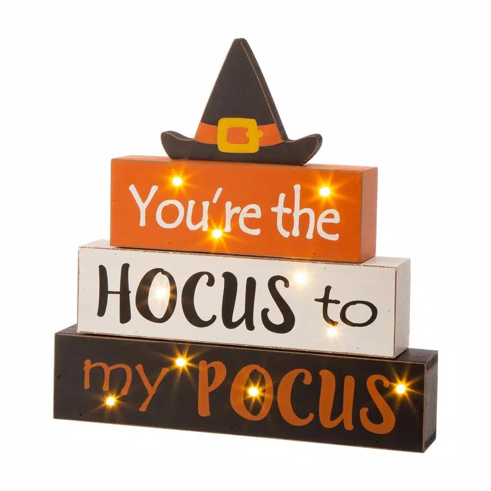 Glitzhome 11.54 in. LED Lighted Halloween Wooden Word Block Decor - Hocus Pocus Sign