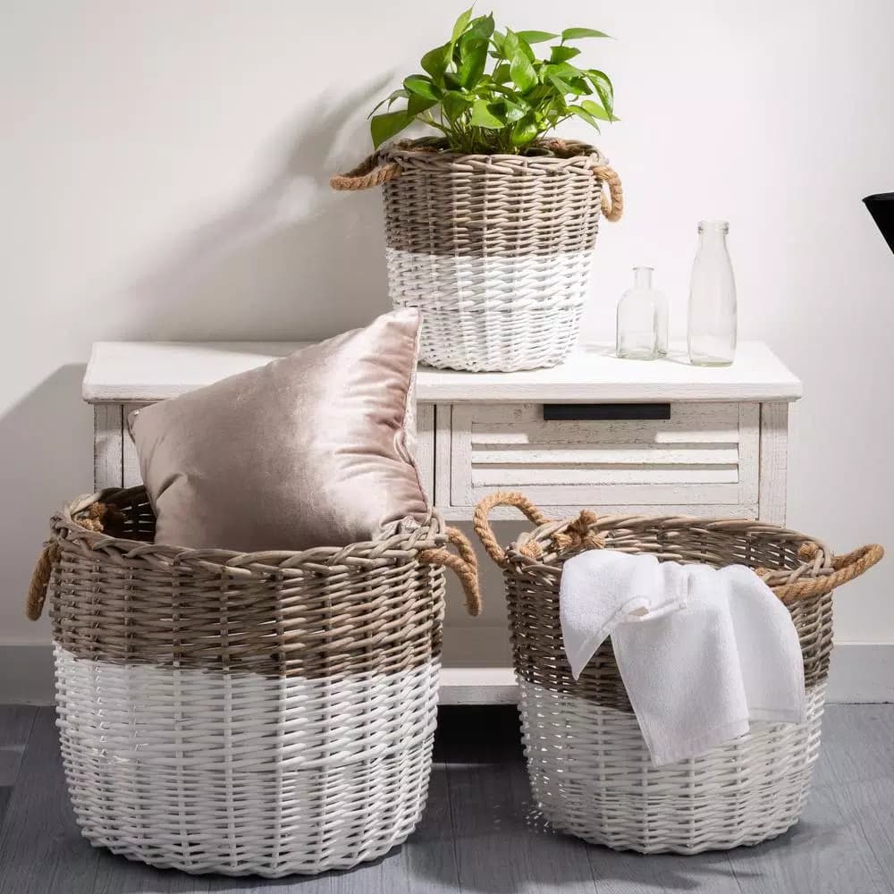 Glitzhome Natural Round Wicker Willow Baskets with Rope Handles, Set of 3, Farmhouse Style