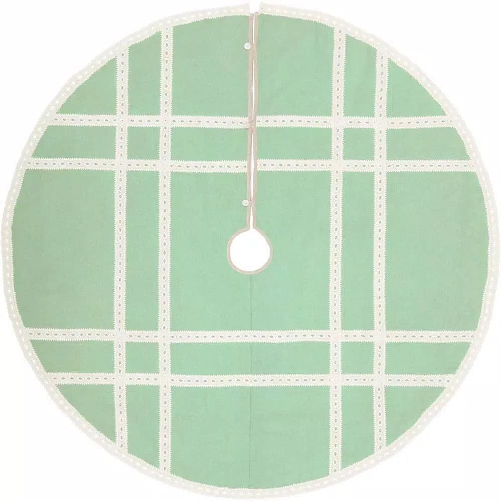 VHC Brands 60 in. Mint Margot Farmhouse Christmas Tree Skirt with Diamond Cut Lace