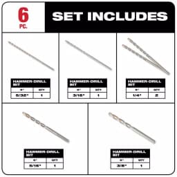 Milwaukee 48-20-8856 6-Piece 3-Flat Secure-Grip Carbide Hammer Drill Bit Set thumbnail 2