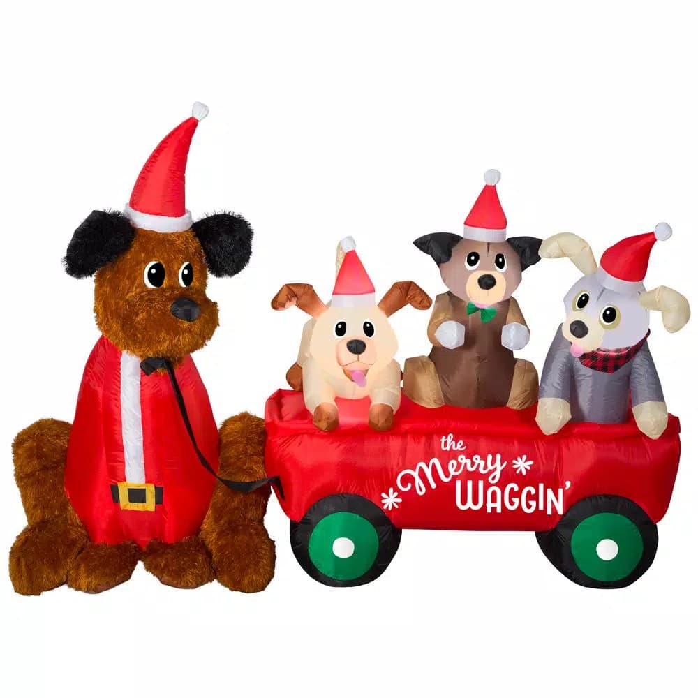 Home Accents Holiday 7 ft. W Pre-Lit Inflatable Christmas Puppy Wagon Scene with LED Lights
