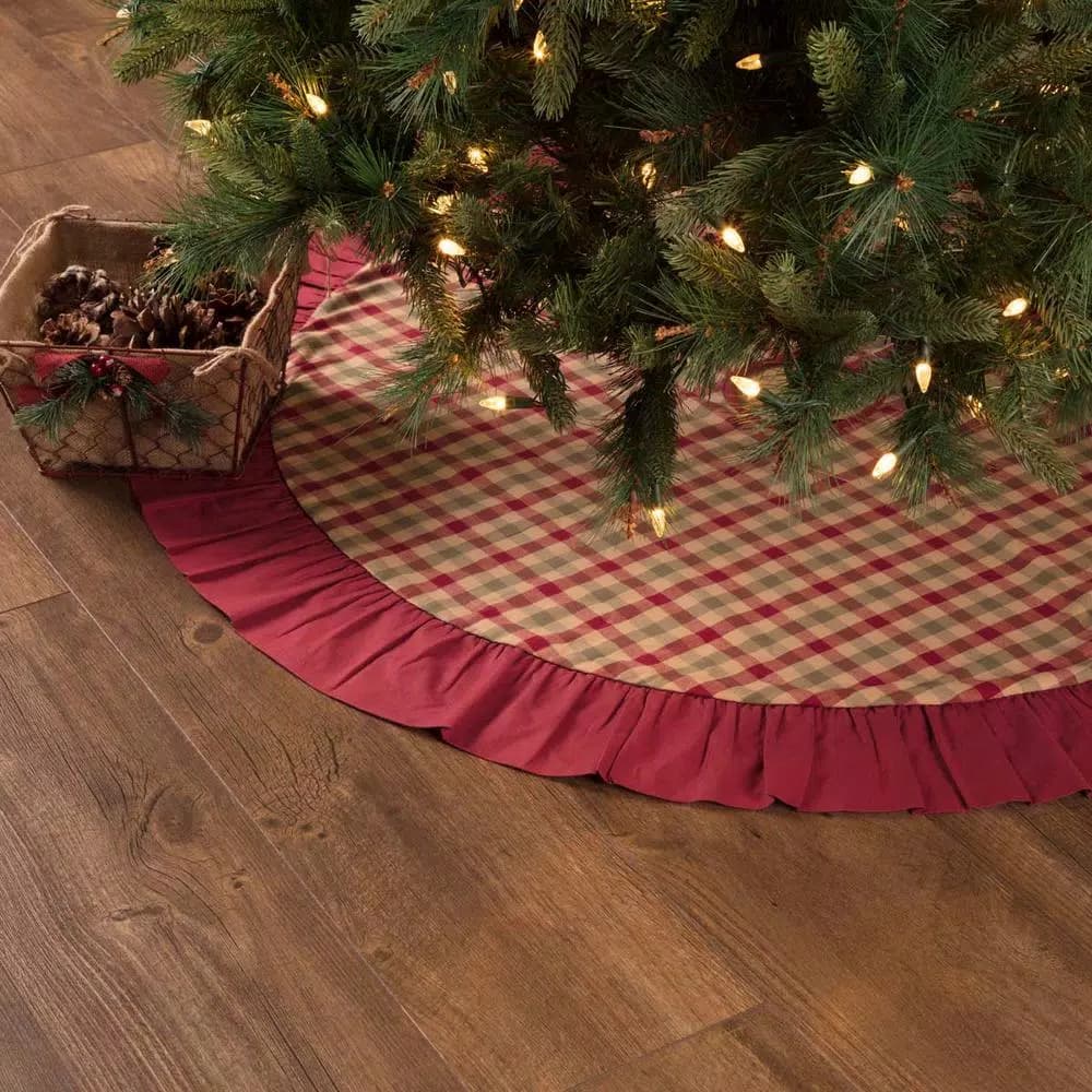 VHC Brands 48 in. Jonathan Plaid Traditional Christmas Tree Skirt - Red, Olive Green & Tan