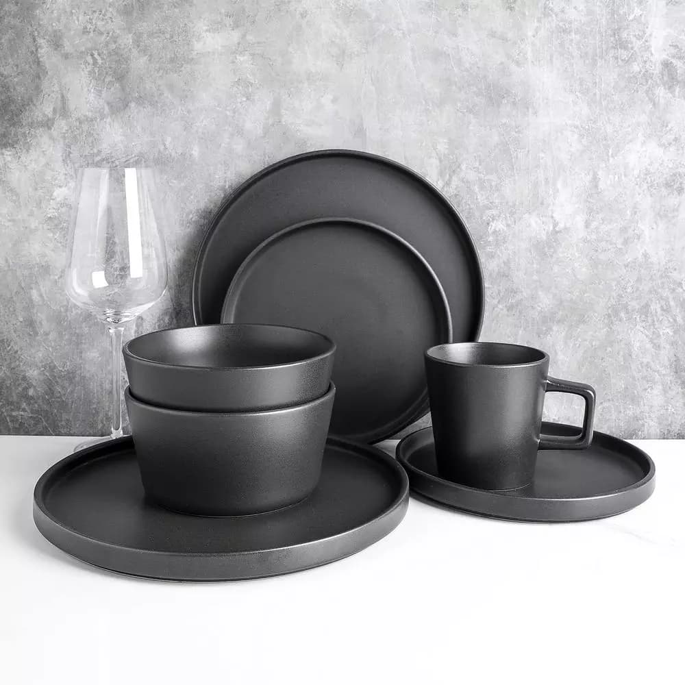 Stone Lain 16-Piece Modern Black Matte Stoneware Dinnerware Set for 4