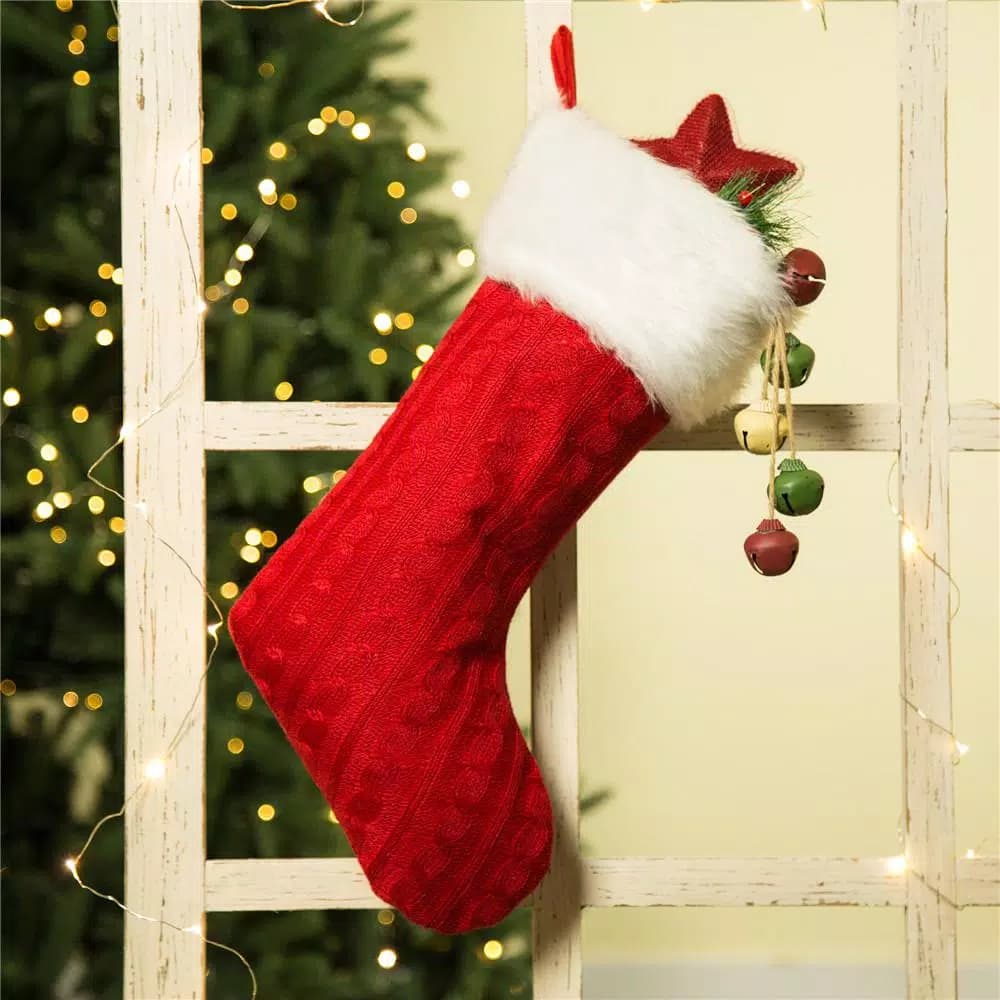 Glitzhome 20 in. Red Knitted Christmas Stocking with Faux Fur Cuff