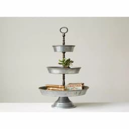 3R Studios 3-Tier Galvanized Metal Round Serving Tray with Handle, Silver Farmhouse Style thumbnail 3