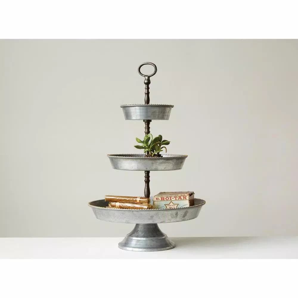 3R Studios 3-Tier Galvanized Metal Round Serving Tray with Handle, Silver Farmhouse Style