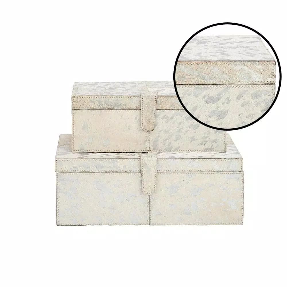 LITTON LANE Modern Reflections Wood and Leather Decorative Storage Boxes, Set of 2, Silver and White
