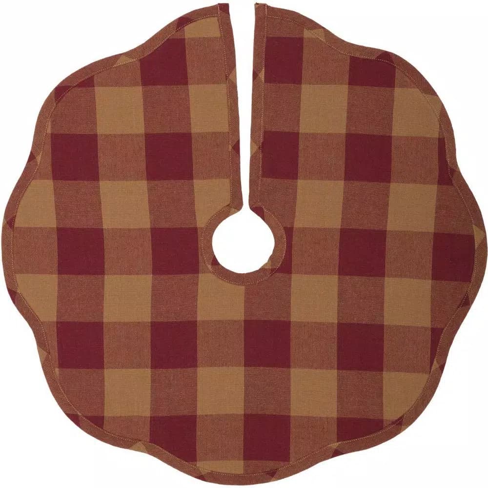 VHC Brands 21 in. Burgundy Check Red Primitive Christmas Tree Skirt with Scalloped Edge