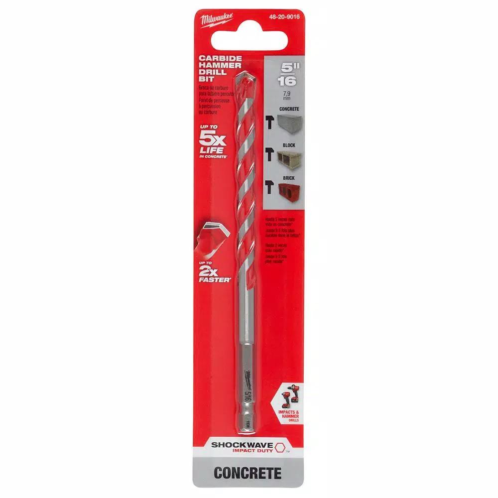 Milwaukee SHOCKWAVE 5/16 in. Carbide Hammer Drill Bit, 6 in. Length, 1/4 in. Hex Shank