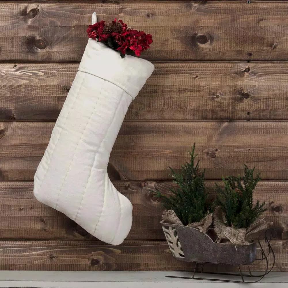 VHC Brands 20 in. Ivory Velvet Cotton Christmas Stocking - Traditional Holiday Decor