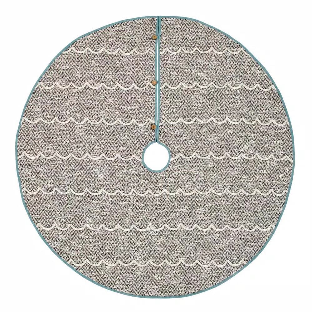 VHC Brands Sanbourne 55 in. Creme White Coastal Christmas Tree Skirt with Turquoise Chambray Trim