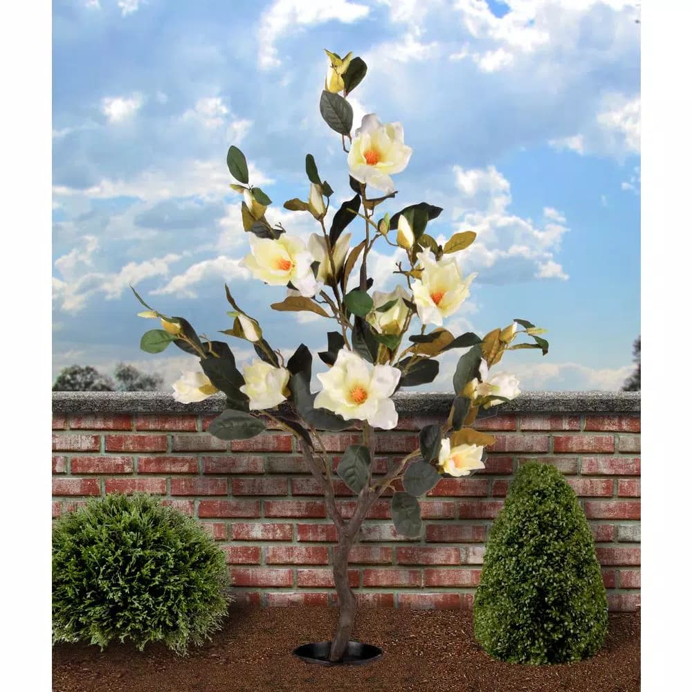 National Tree Company 48 in. Artificial White Magnolia Flower Tree in Matte Black Pot