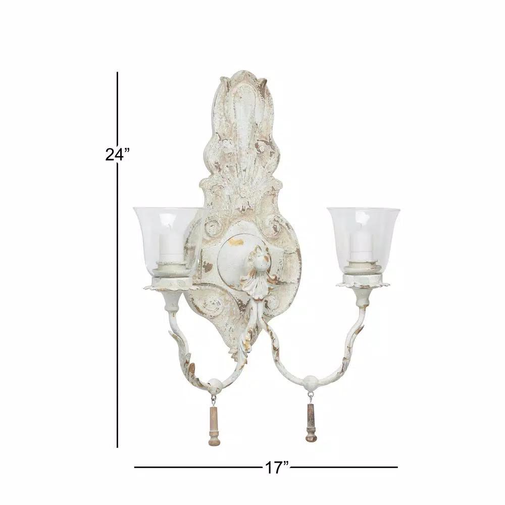 LITTON LANE Distressed White 2-Light Candle Sconce with Acanthus Carvings and Wood Bead Accents
