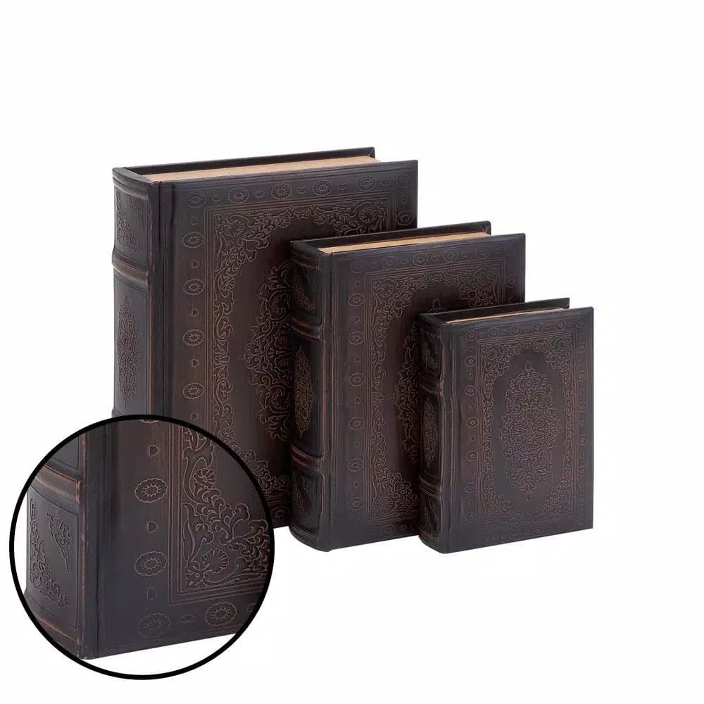 LITTON LANE Vintage Rectangular Wood and Faux Leather Flourished Book Boxes, Set of 3