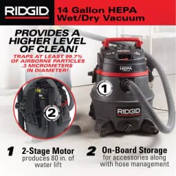 RIDGID 14 Gallon 2-Stage HEPA Commercial Wet/Dry Shop Vacuum, 11.5 Amp thumbnail 3