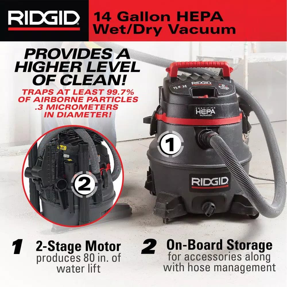 RIDGID 14 Gallon 2-Stage HEPA Commercial Wet/Dry Shop Vacuum, 11.5 Amp
