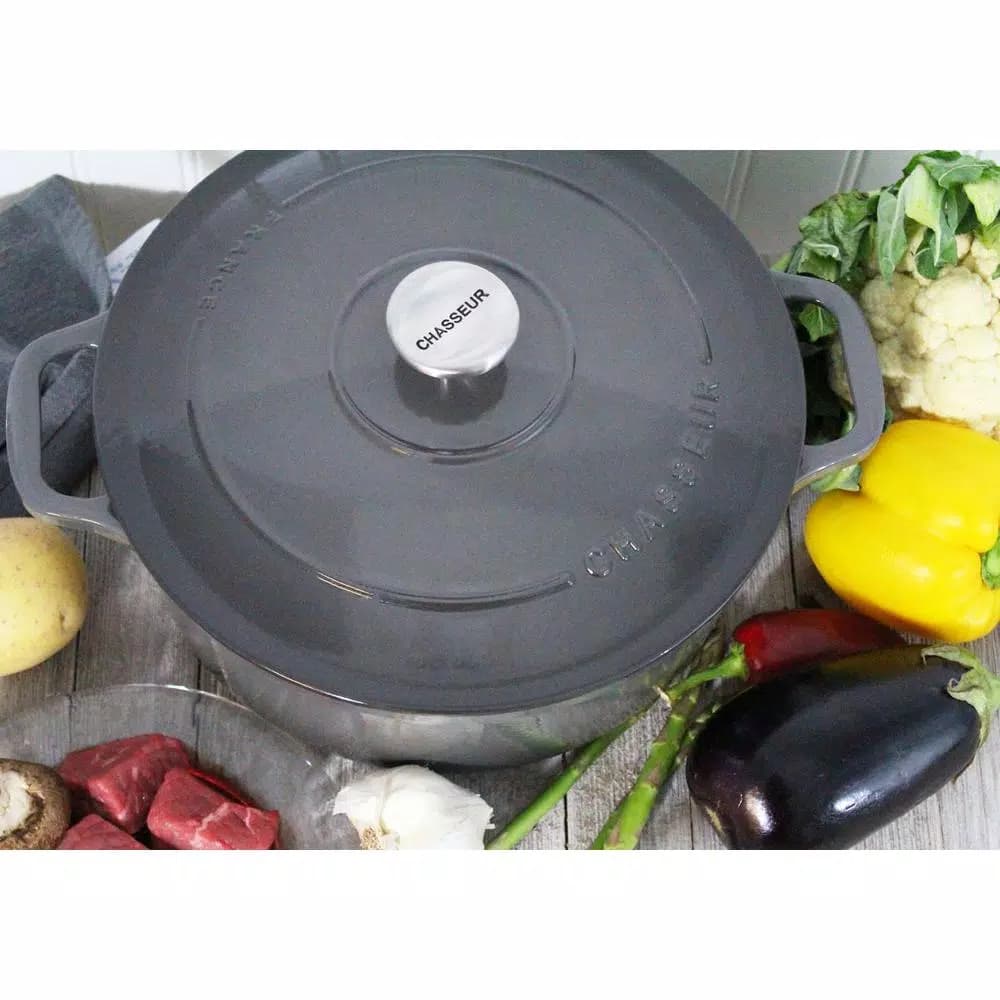 Chasseur 5.5 qt. Round Enameled Cast Iron Dutch Oven with Lid, Caviar Grey