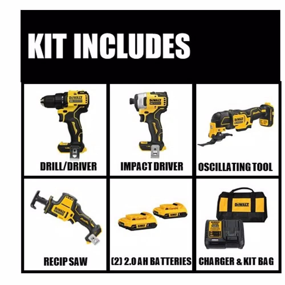 DEWALT 20V MAX ATOMIC Cordless Brushless 4-Tool Combo Kit with (2) 2.0 Ah Batteries, Charger & Bag