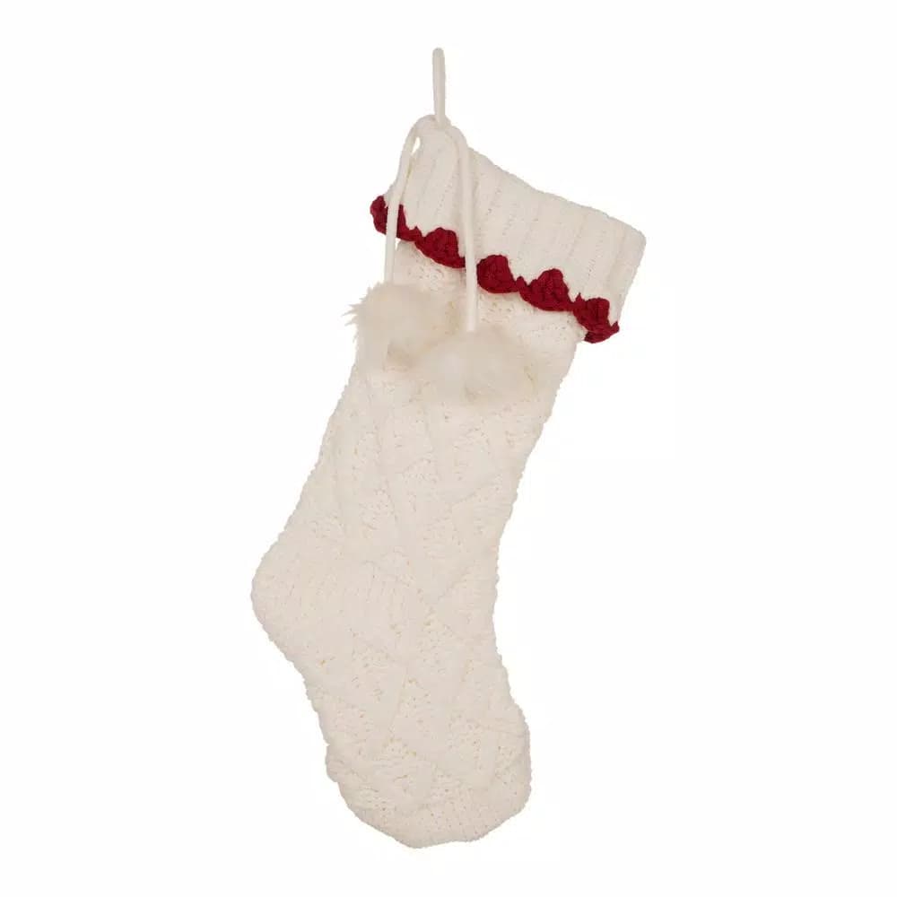 Glitzhome 22 in. White Knitted Acrylic Christmas Stockings with Pompoms (Set of 2)
