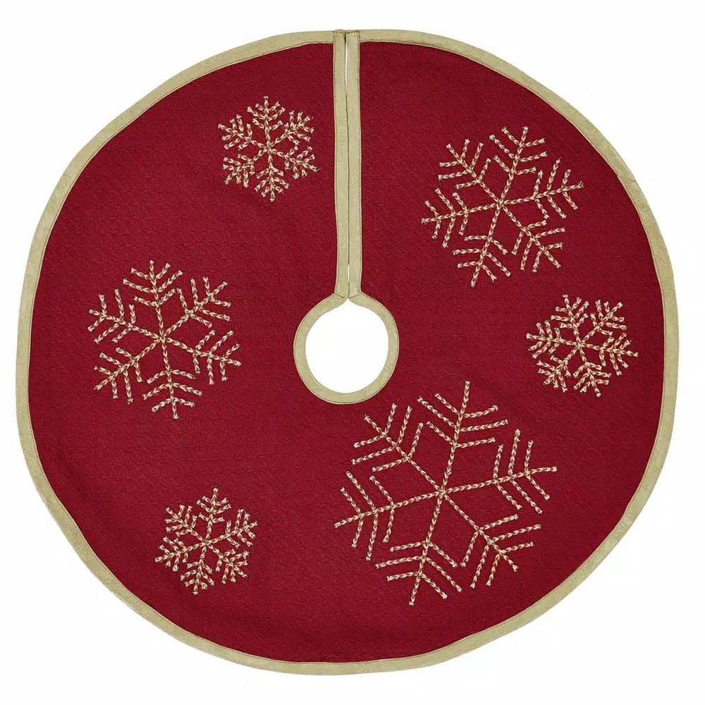 VHC Brands Revelry 21 in. Brick Red Traditional Christmas Mini Tree Skirt with Embroidered Snowflakes