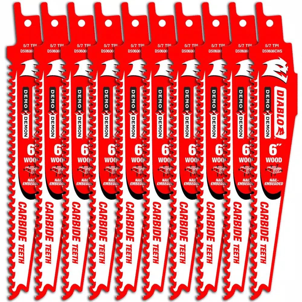 Diablo Demo Demon Carbide Teeth Reciprocating Saw Blades for Nail-Embedded Wood, 6 in., 5/7 TPI (10-Pack)